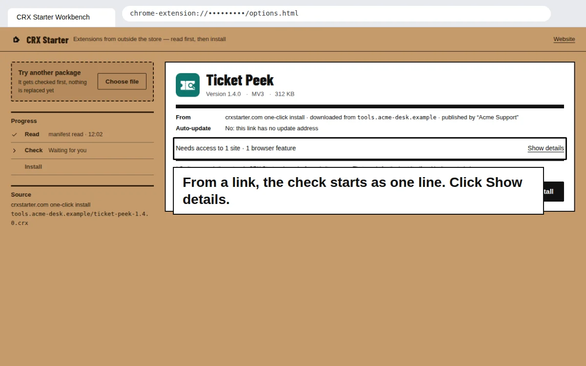 A check that arrived from an install link, folded into one line: Needs access to 1 site · 1 browser feature, with Show details.