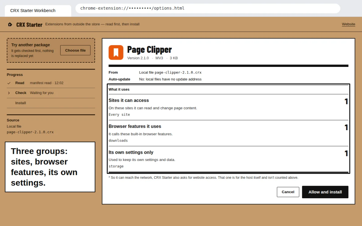The check for Page Clipper 2.1.0 listing three groups: Every site, the downloads browser feature, and storage.