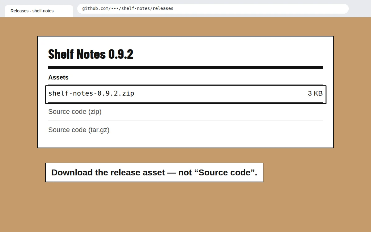 A GitHub release for Shelf Notes 0.9.2 with the shelf-notes-0.9.2.zip asset outlined, above the two Source code archives.