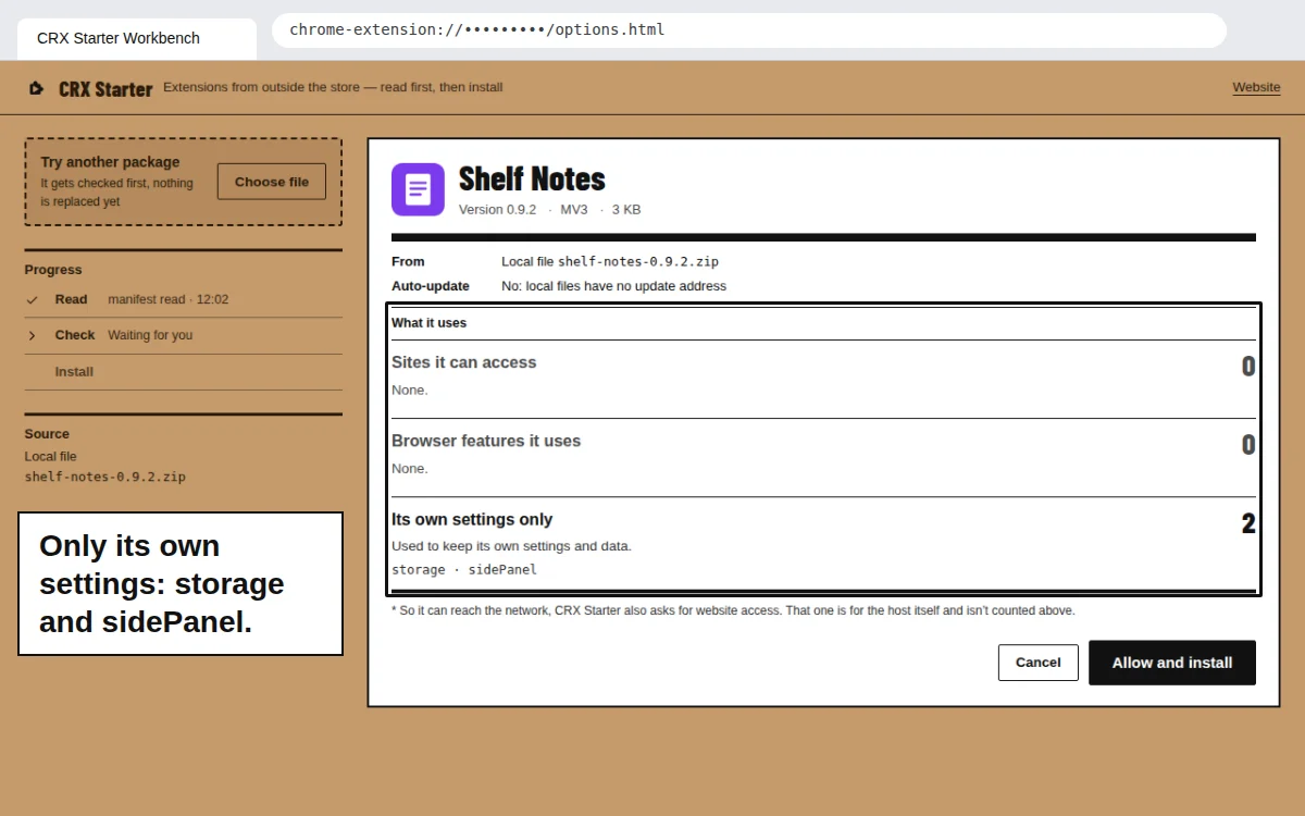 The check for Shelf Notes 0.9.2: no sites, no browser features, and two of its own settings, storage and sidePanel.