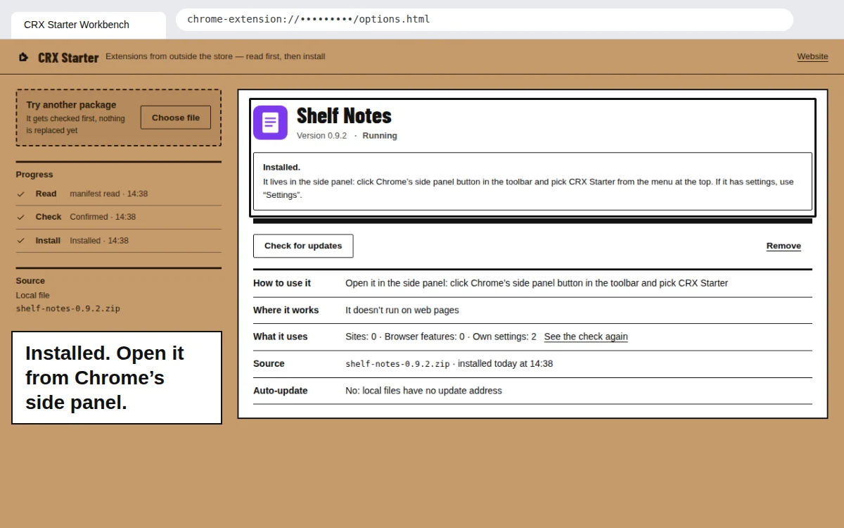 Shelf Notes installed in the CRX Starter workbench, marked Running, with the note: it lives in the side panel — click Chrome’s side panel button in the toolbar and pick CRX Starter.