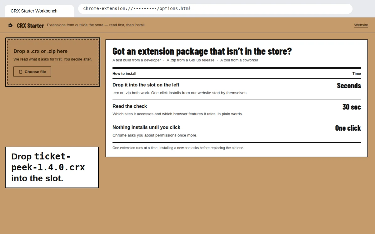 The CRX Starter workbench with the empty drop slot outlined: Drop a .crx or .zip here.