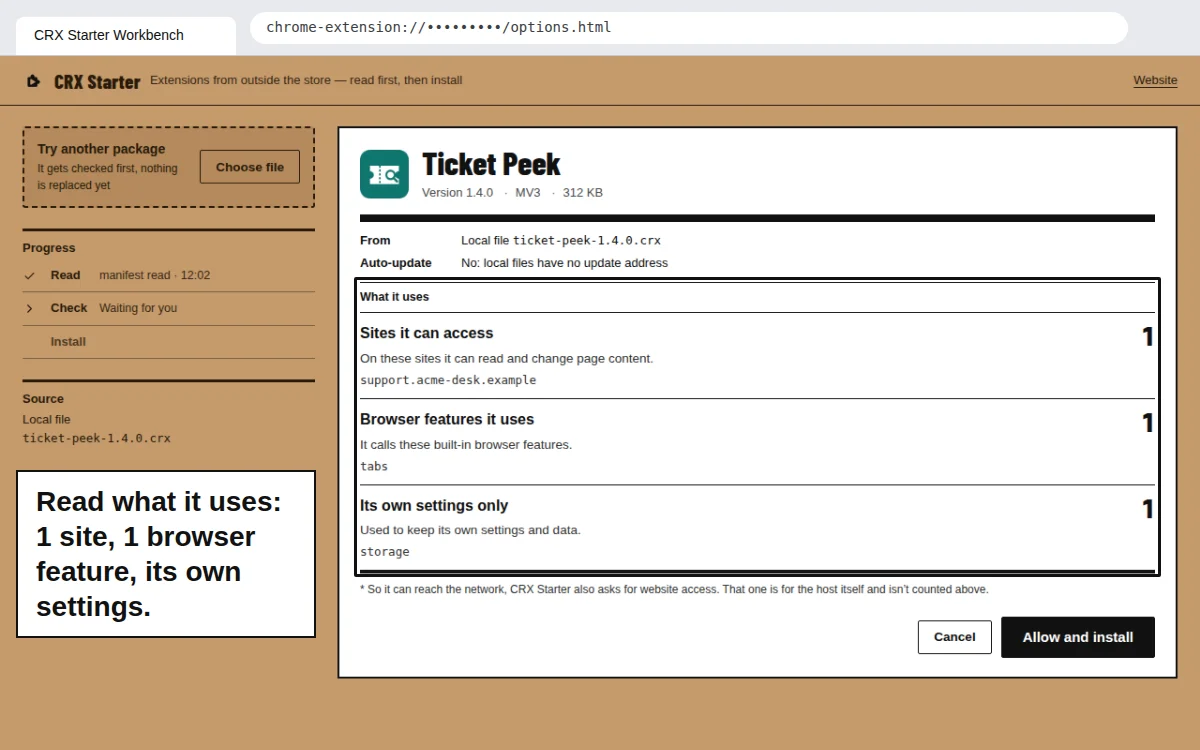 The check for Ticket Peek 1.4.0 with What it uses outlined: one site, one browser feature (tabs) and its own settings (storage).