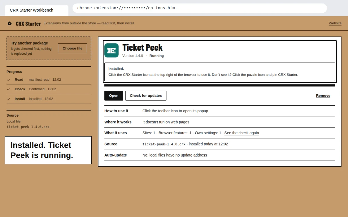 Ticket Peek installed in the CRX Starter workbench, marked Running, with a note on how to open it from the toolbar.