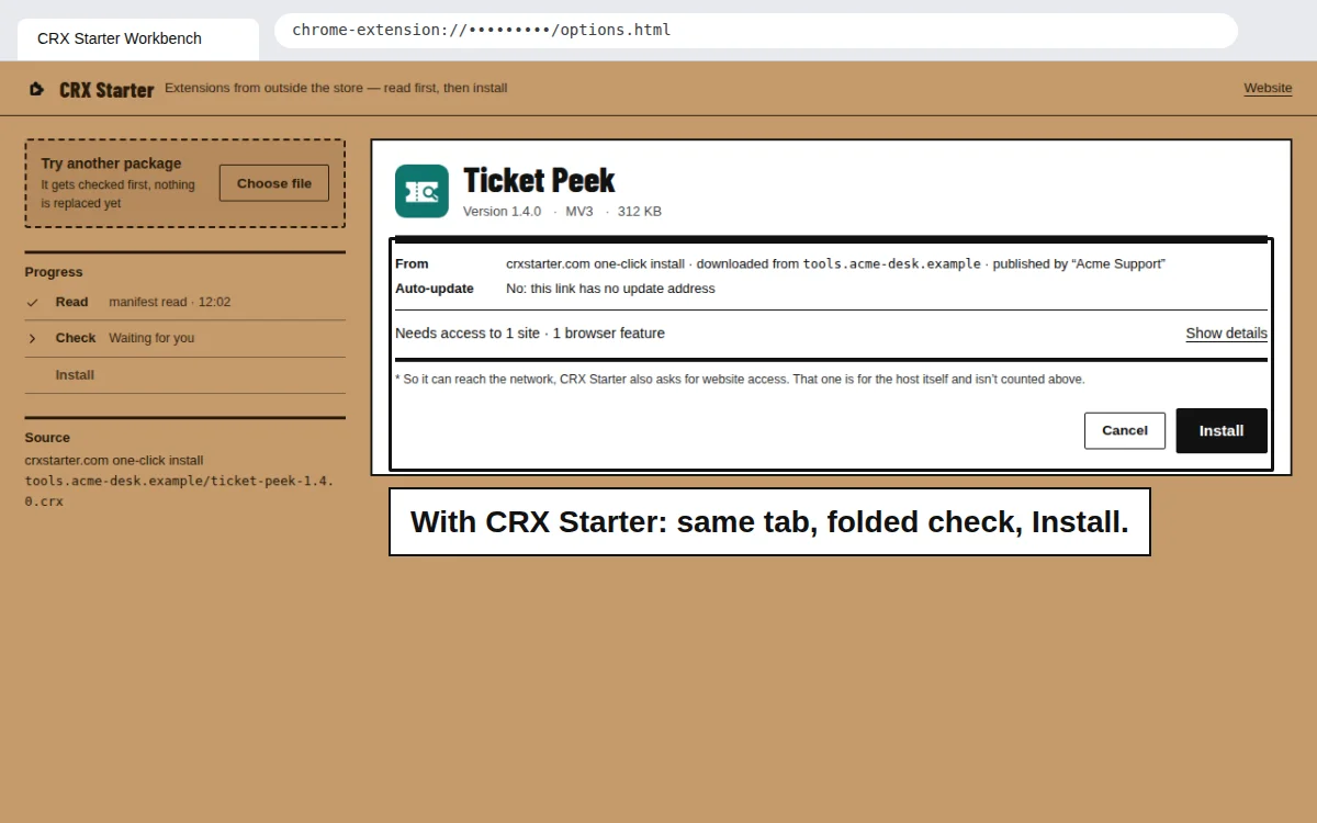 Ticket Peek opened from a crxstarter.com install link: From shows one-click install and published by Acme Support, the check is folded into one line, and the button reads Install.