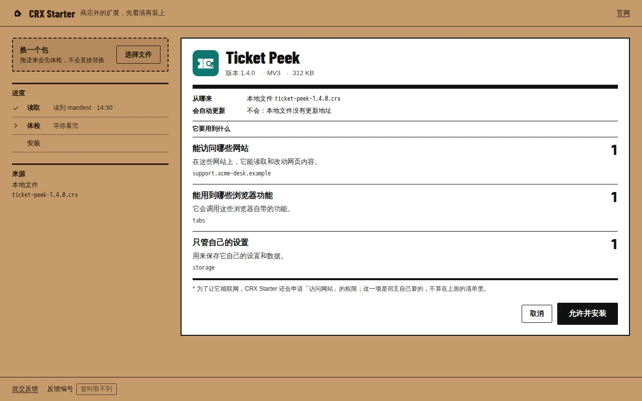 Chrome 里的 CRX Starter 工作台：左边是拖放区，右边是 Ticket Peek 1.4.0 的体检表，列出它能访问的网站、用到的浏览器功能和自己的设置，下面是「取消」和「允许并安装」按钮。